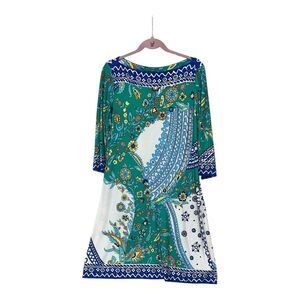 New Directions Dress Womens Size 14 Turquoise Blue Floral Short 3/4‎  Sleeve